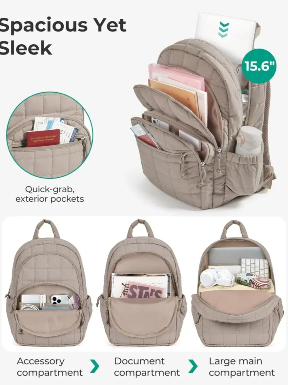 Stylish Water-Resistant Quilted Backpack for Women with Laptop & Travel Features